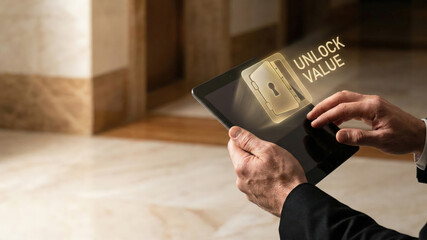 Businessman hand tablet high level planning concept unlock value icon digital lock security modern office background