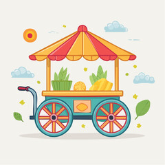 Vintage Lemonade Cart with Colorful Awning and Fresh Produce Under Sunny Sky with Clouds and Leaves
