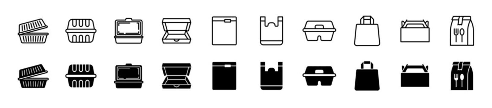 Packaging Food icon set. Fast food box and bag symbol. Vector illustration.