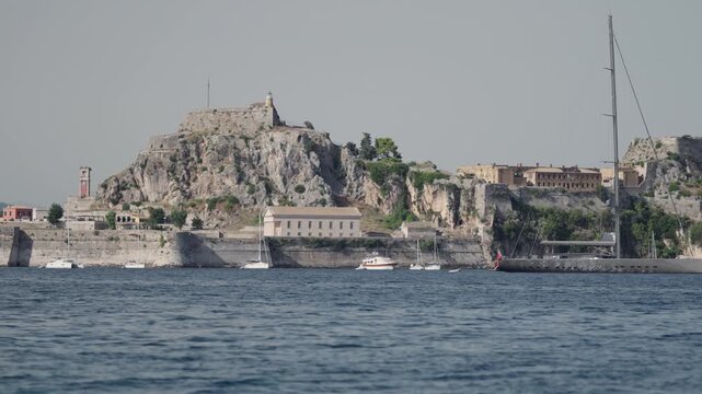 Panoramic view of Corfu island capital city olf fortress architecture. View of the old town from water side