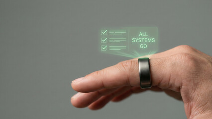 Smart ring wearable technology finger hand hologram checklist high level planning concept glowing interface
