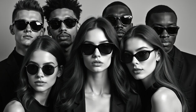 Group of diverse young adults wear dark sunglasses, posing confidently. They wear black fashion attire, looking cool and stylish. Close up faces show edgy attitude.