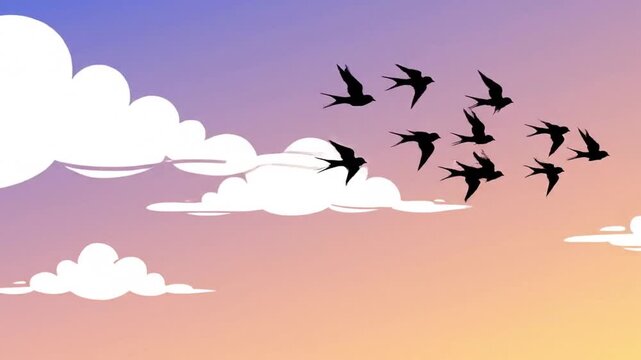 A flock of silhouettes of swallows fly across a painted sky with fluffy white clouds