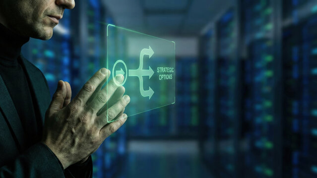 High technology level planning choice strategic option futuristic hologram interface in data center inspires focused decision making - Powered by Adobe