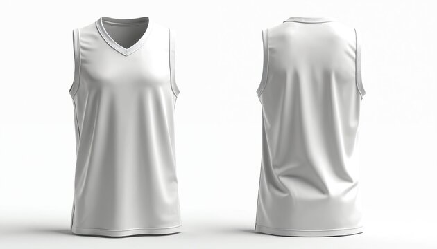 White blank basketball sleeveless jersey front, back views for apparel design. This clean sports uniform mockup allows for easy graphic customization for teams or brands. Ideal template for mockups.