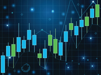 Abstract background digital stock market or cryptocurrency trading chart with vibrant green and blue Japanese candlesticks on a dark, futuristic grid