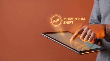 Business strategy tablet, digital growth analytics, high level planning concept glowing momentum shift icon