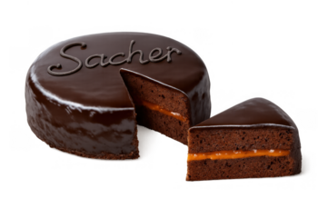 Sachertorte cake with chocolate glaze and apricot jam filling, one slice removed, dessert food