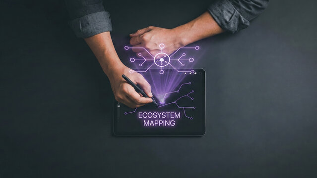 Digital ecosystem mapping high level planning concept glowing on tablet screen with hand drawing network diagram thoughtfully - Powered by Adobe