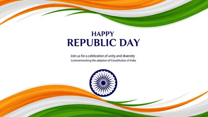 Obraz premium Indian republic day celebration with tricolor waves and ashoka chakra symbol on white background with Indian flag and Unity and Diversity and Patriotism