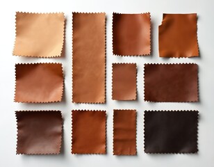 Various brown leather samples arranged in grid on white background. Swatches show different shades and textures. Useful for fashion design and material selection.