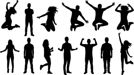 Fototapeta premium Silhouettes of young people jumping in fashionable clothes. Vector silhouettes man and women, illustration. Transparent background EPS version.