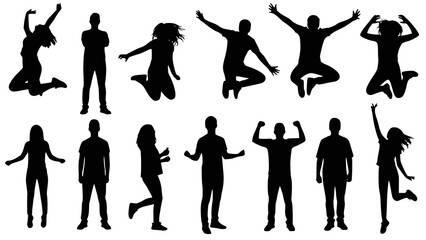 Fototapeta premium Silhouettes of young people jumping in fashionable clothes. Vector silhouettes man and women, illustration. JPEG version.