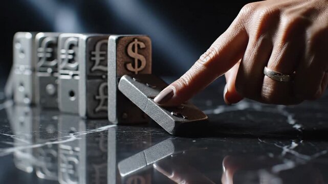 A hand gently pushing a domino toward a line of dominos on a reflective surface, emphasizing financial implications