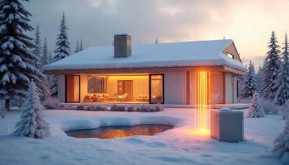 Modern home in snow at dusk. Warm interior lights glow, highlighting energy efficient smart heating system outside. Trees surround house, snow covers ground and roof.