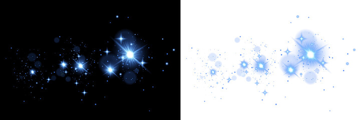 blue sparkling light dust and glowing starbursts float across a dark background, creating a magical, elegant atmosphere with shimmering particles and radiant bokeh effects. floating glitter dust.
