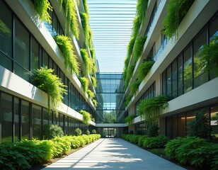 Modern office building courtyard features lush vertical gardens on balconies. Natural light fills the walkway between green walls. Architecture blends nature and business.