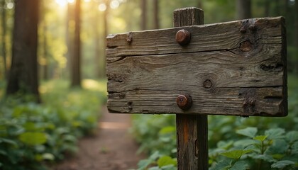 Empty weathered wooden signpost in forest beside dirt path. Sunlight shines through trees onto green plants. Rustic wood marker indicates trail, directs hikers, campers, travelers to explore outdoors.