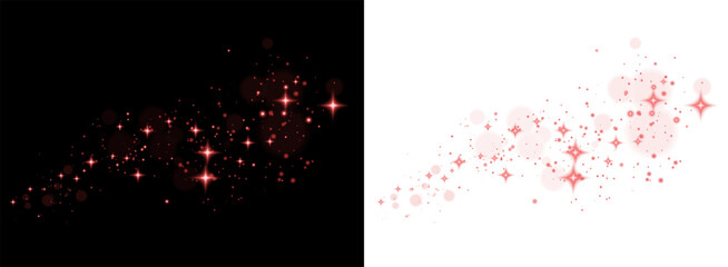 red sparkling light dust and glowing starbursts float across a dark background, creating a magical, elegant atmosphere with shimmering particles and radiant bokeh effects. floating glitter dust.