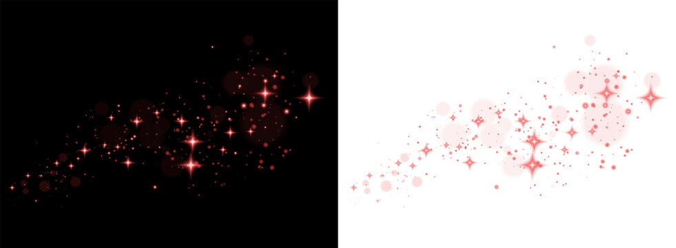 red sparkling light dust and glowing starbursts float across a dark background, creating a magical, elegant atmosphere with shimmering particles and radiant bokeh effects. floating glitter dust.
