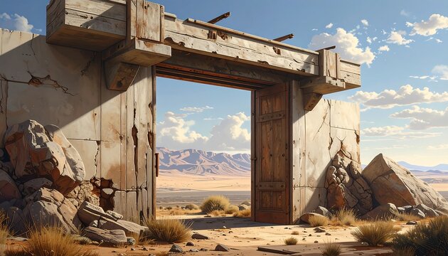 Weathered stone archway with broken lintel frames an open wooden door against a desert landscape. Clouds and distant mountains