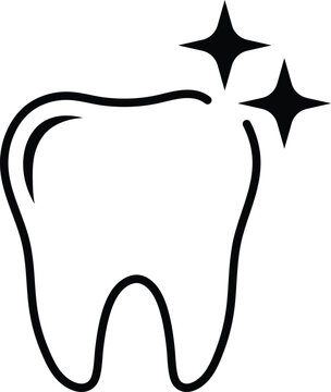Black outline of a sparkling tooth with two starbursts dental clean