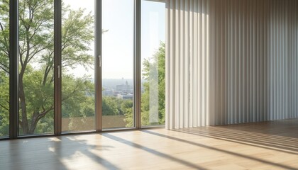 Large windows with white vertical blinds reveal trees and city skyline. Sunlight streams across a clean wood floor, creating striped shadows in an empty room.
