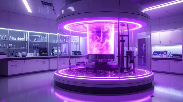 Futuristic lab interior with a glowing, central chamber and scientific equipment