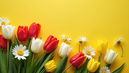 Red white yellow tulips and daisies arranged against bright yellow background. Flat lay composition of spring flowers for celebration and greeting cards with copy space.