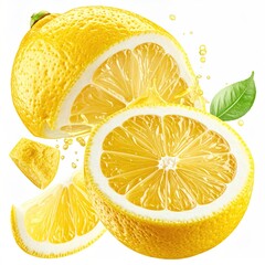 Vivid, close-up shot of sliced citrus, with juice and a single leaf