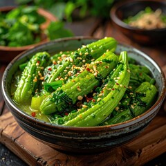 Close-up of a bowl of green vegetables in a flavorful sauce, seasoned