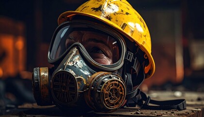 Close-up of a worker in protective gear, harsh lighting