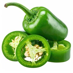 Fresh green peppers, one whole, others sliced to show seeds