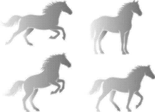 Dynamic halftone horse silhouettes: a collection of equestrian poses in a unique dotted style isolated on transparent background, Vector