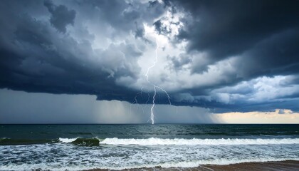 Dramatic view of an ocean coast under a stormy sky, with heavy clouds and a lightning bolt striking down