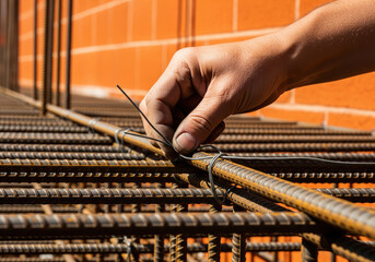 Worker tying rebar grid for concrete slab