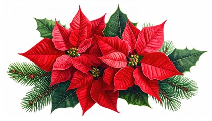 Watercolor poinsettias, holly, and fir branches, festive holiday floral