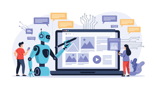 Artificial intelligence assists people in creating and managing website content, with a robot editing layouts on a large laptop screen.