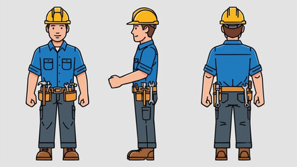Construction worker in hard hat and tool belt from three angles.