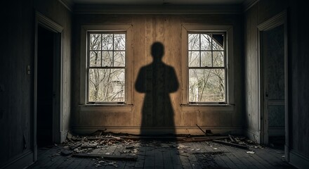 Silhouette in dilapidated room atmospheric shadows and abandoned space
