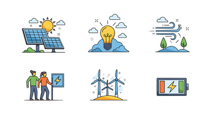 Fototapeta premium Set of icons representing renewable energy sources like solar panels, wind turbines, and eco-friendly power generation ideas.
