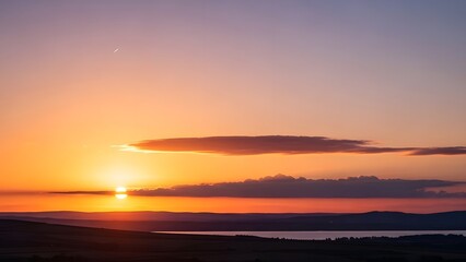 A breathtaking and tranquil evening scene unfolds with a vibrant orange and purple sunset over a calm lake, silhouetting distant hills under a sky graced by a delicate crescent moon