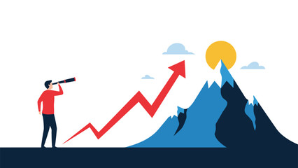 Fototapeta premium Businessman looks through a telescope at a mountain peak with a rising arrow, symbolizing vision, goals, and business growth.