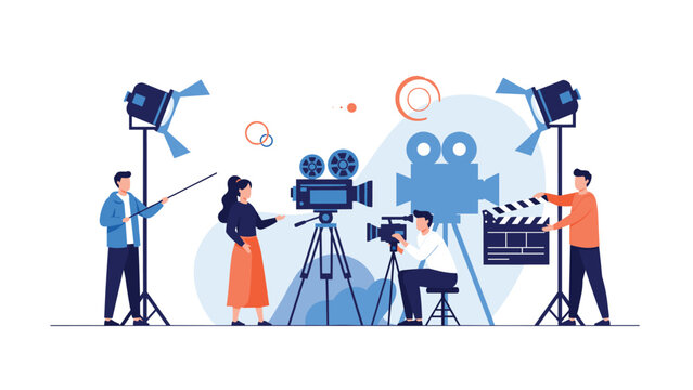 Film production crew works on a movie set with cameras, lighting, and a clapperboard to shoot a scene with an actress.