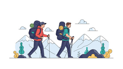 Fototapeta premium Two male hikers with large backpacks and walking poles trek through a mountain landscape, enjoying an outdoor adventure.