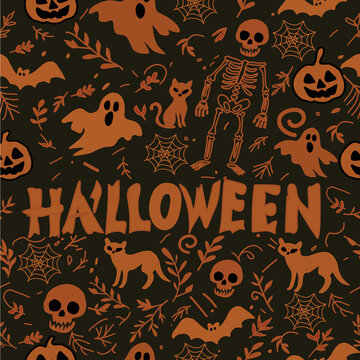 Halloween Seamless Pattern with Pumpkins, Ghosts, Skeletons and Cats