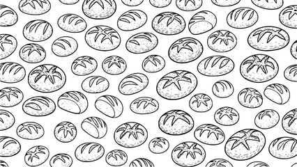 Hand-drawn style Artisan Sourdough Bread Pattern Background Vector. Rustic Loaves and Crusty Buns in Vintage Monochrome Sketch Drawing Illustration for Homemade, Organic Bakery Packaging
