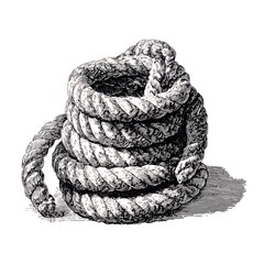Coiled rope, survival equipment, hand drawn ink sketch, nautical or climbing gear.