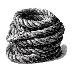 Coiled rope, survival equipment, hand drawn ink sketch, nautical or climbing gear.
