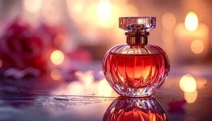 A close-up showcases a luxurious, heart-shaped glass bottle filled with a vibrant red liquid, reflecting on a surface. Soft, blurred light provides the backdrop